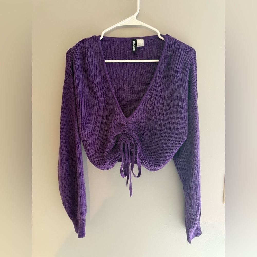 Divided By H&M Knit Cropped Sweater Women’s SZ XS Long Sleeve Front Tie Purple